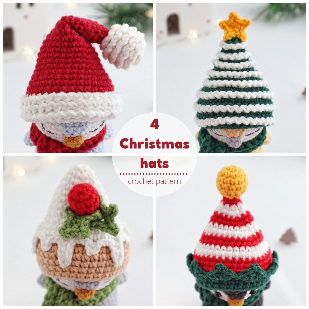 Crochet pattern Christmas mini hats: elf, pudding, santa and Christmas tree hats - 编织/刺绣/羊毛毡/裁缝 - 其他材质 