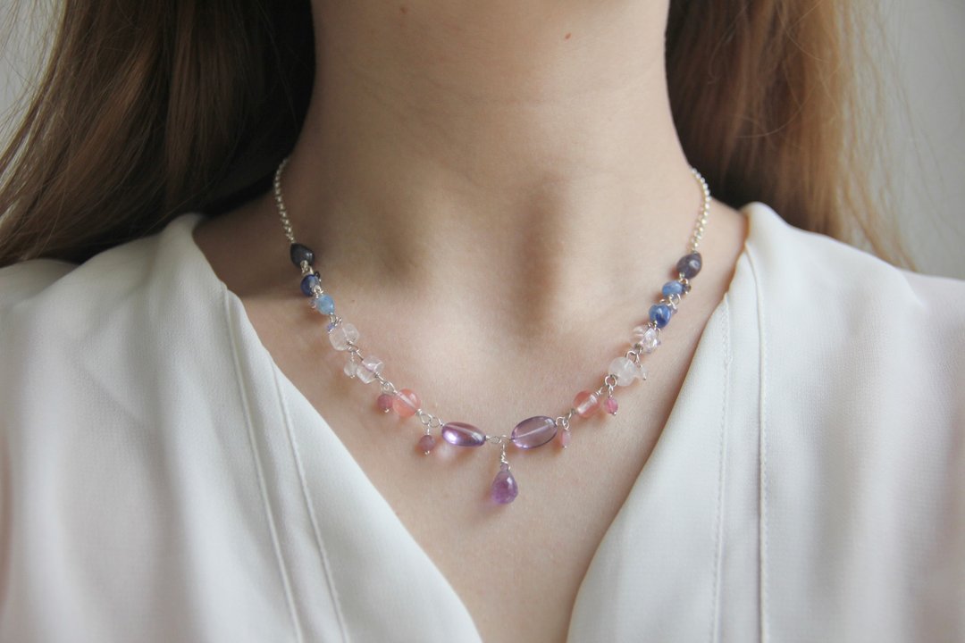 Gemstone Necklace Amethyst, tanzanite, rose quartz, kyanite necklace - 项链 - 宝石 紫色