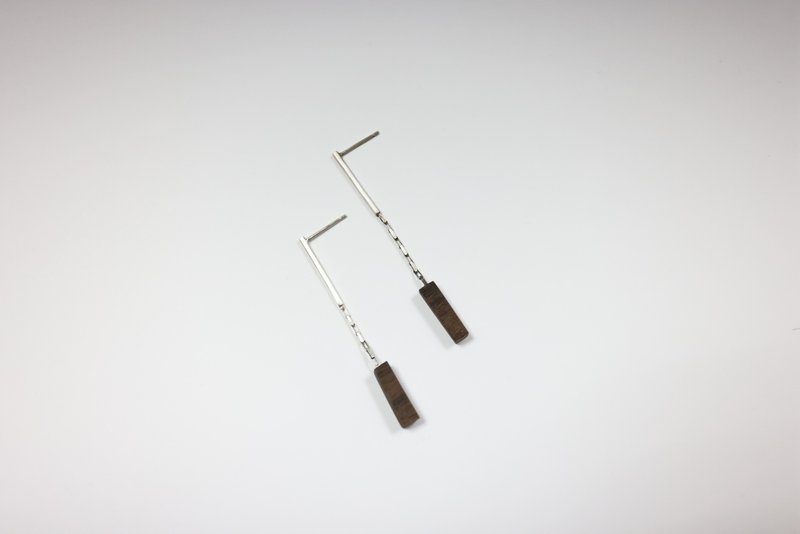 简约直线方形-纯银黑檀木(耳针式耳环/一副) - 耳环/耳夹 - 纯银 银色