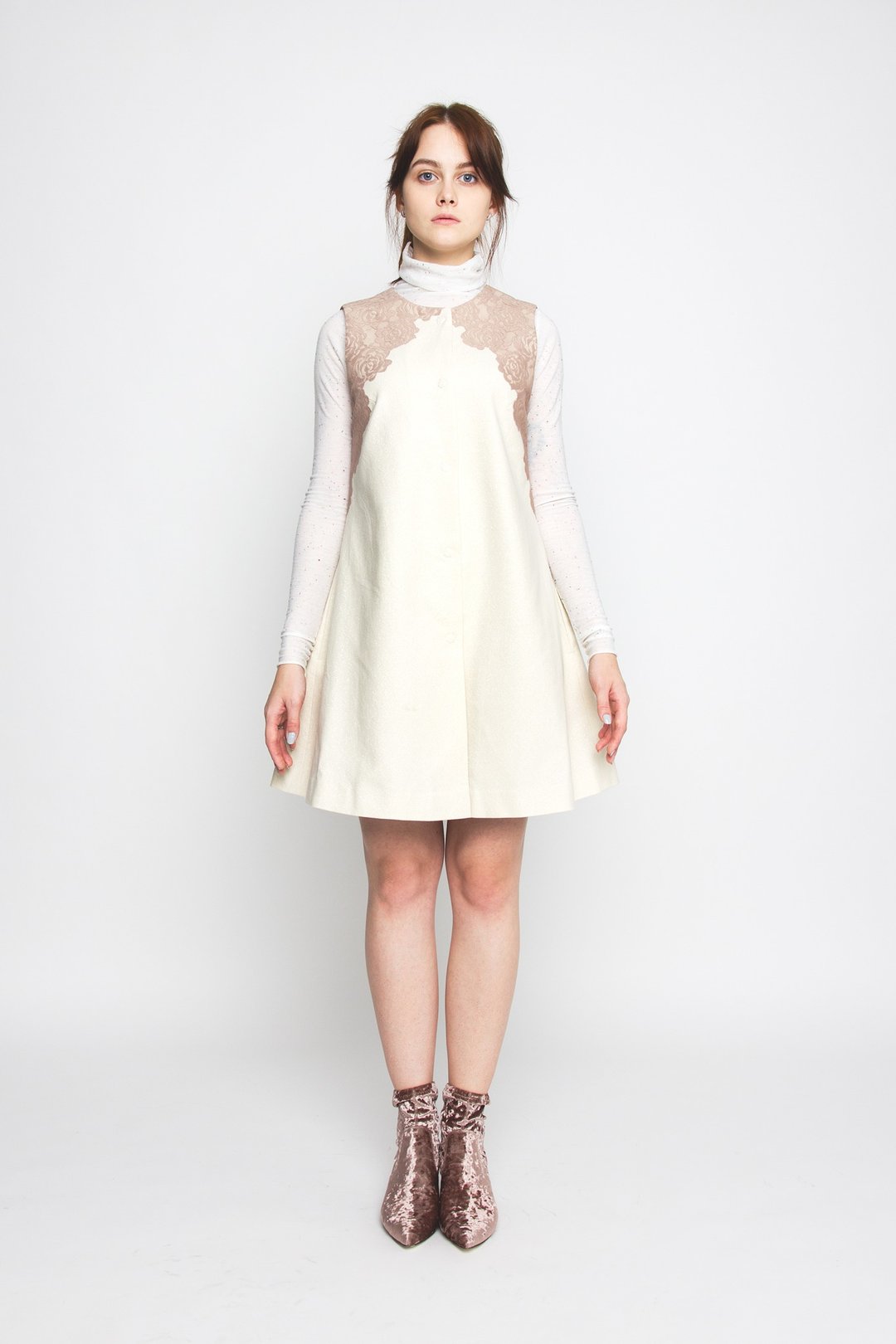 Vintage party pinafore dress, Beige mini sleeveless cocktail romantic style - 洋装/连衣裙 - 其他材质 金色