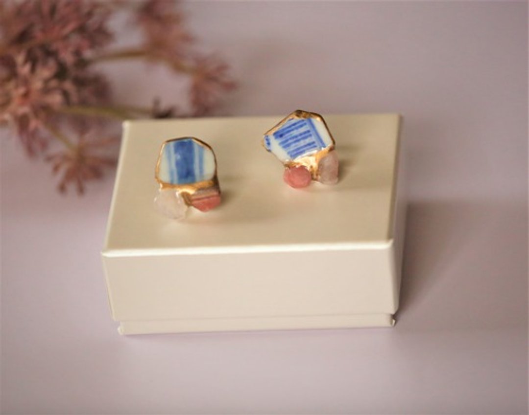 Kintsugi x natural stone Clip-On(sea pottery, inca rose, rose quartz) - 耳环/耳夹 - 宝石 