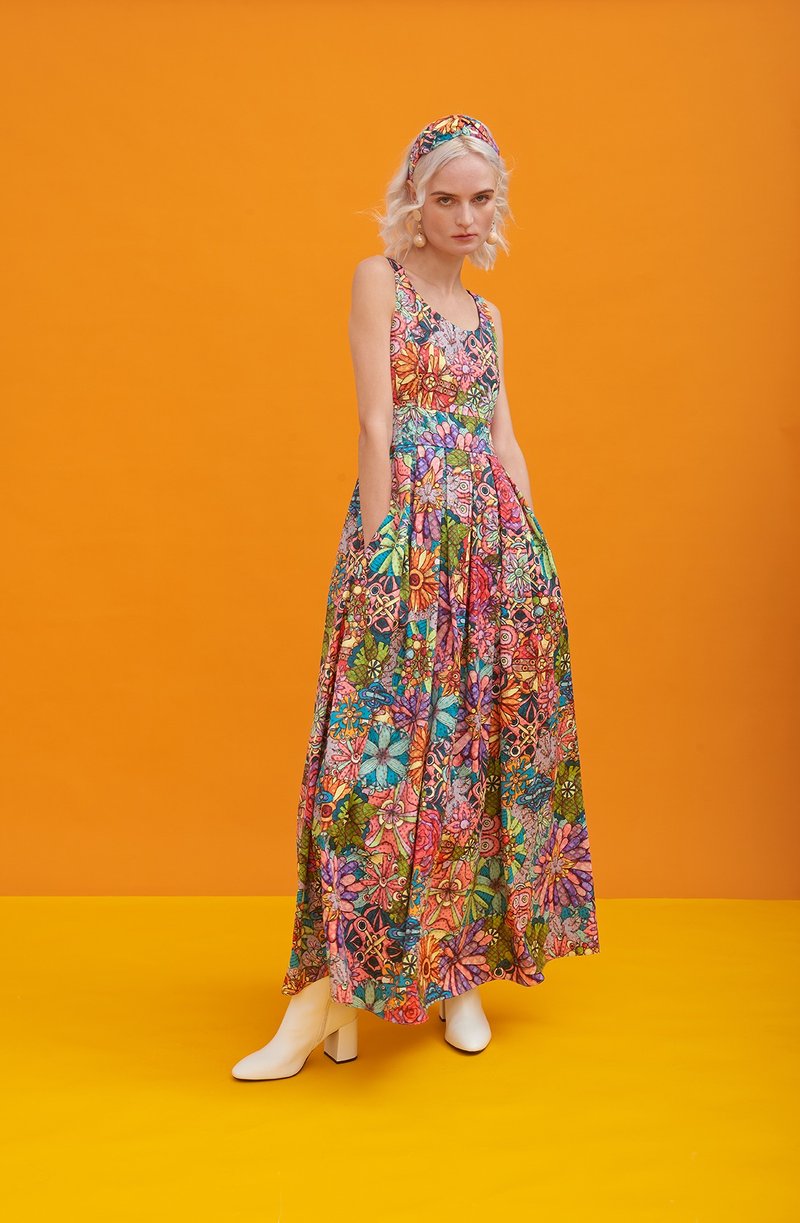 万花筒图案背心修腰连身长裙 - 洋装/连衣裙 - 聚酯纤维 橘色