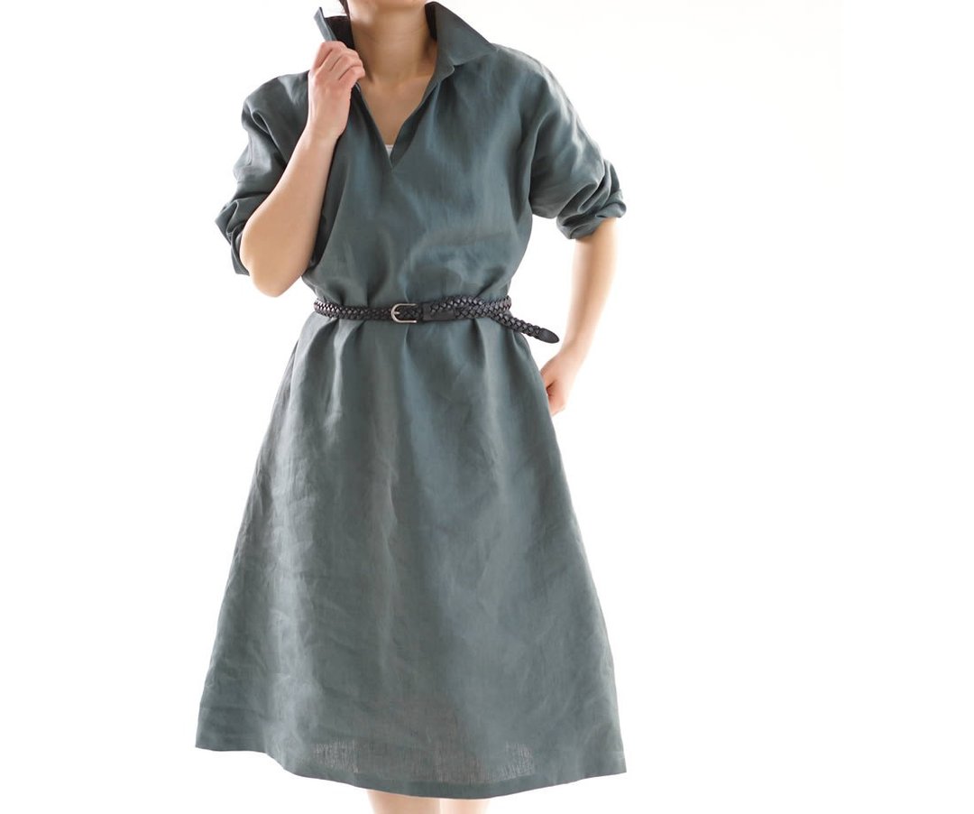 linen dress / A line dress / long sleeve a20-17 - 洋装/连衣裙 - 棉 绿色