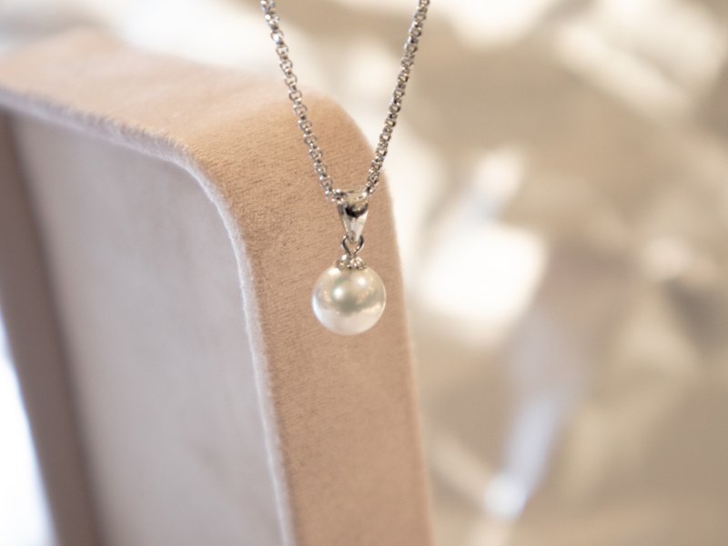 925纯银正圆7-7.5mm 天然淡水珍珠-光金吊坠项链 - 项链 - 珍珠 白色