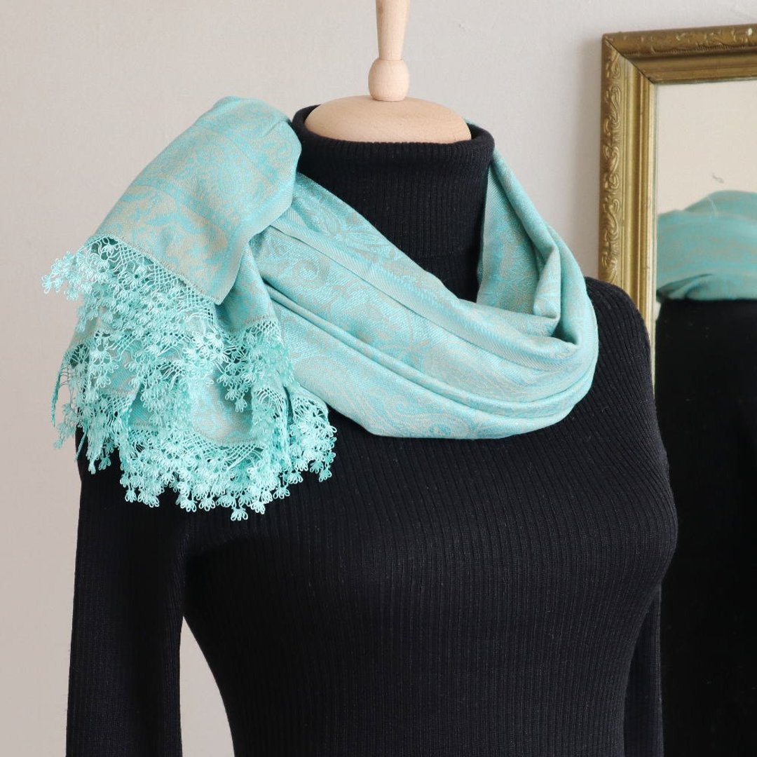Made to order / PREMIUM OYA lace Thick cotton shawl  - Wisteria - Gold Turquase - 丝巾 - 其他人造纤维 绿色