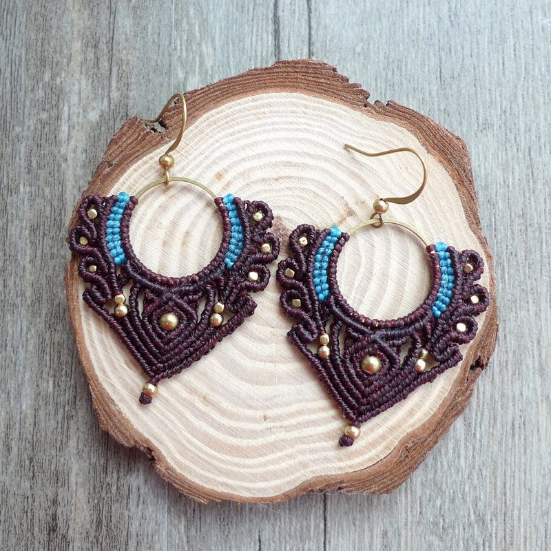 Misssheep-S01-复古花 民族风南美蜡线编织黄铜珠耳环 (可改成耳夹) - 耳环/耳夹 - 其他材质 咖啡色