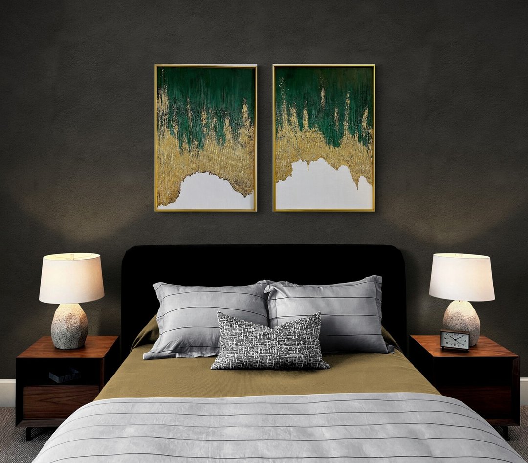 Diptych painting Emerald gold. Original painting on canvas. Wall Arts - 墙贴/壁贴 - 压克力 绿色