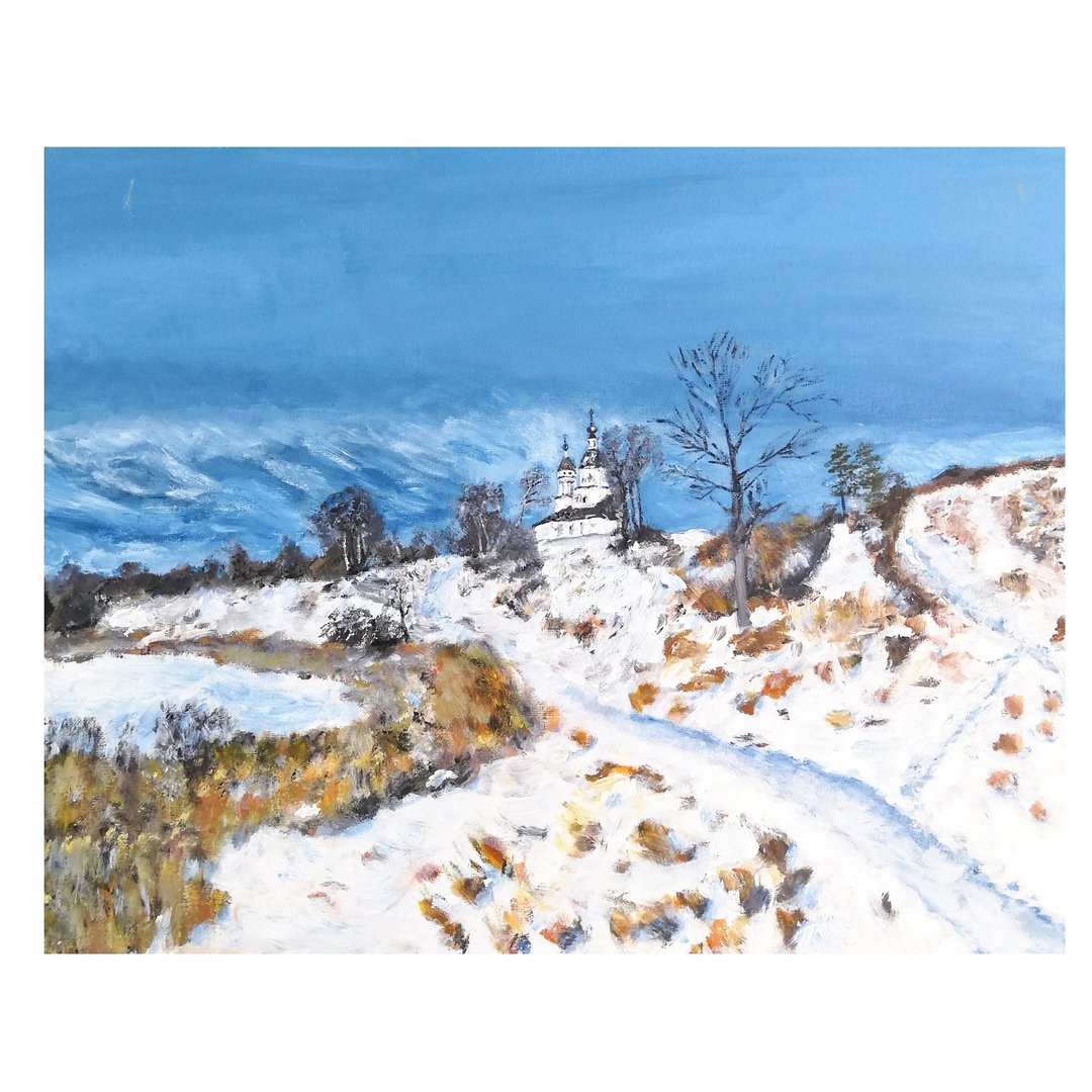 Church Painting Rustic Landscape Original Art Oil Painting Winter Landscape Art - 海报/装饰画/版画 - 棉．麻 多色