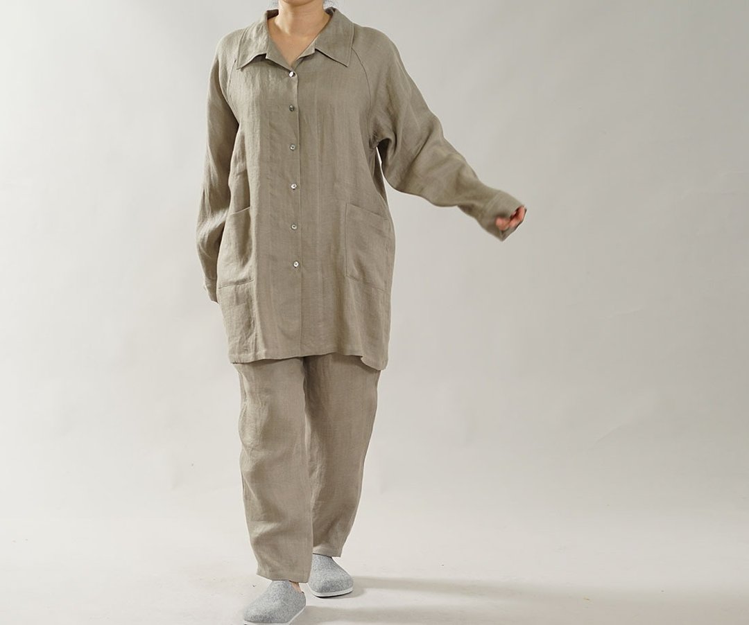 wafu Linen pajamas / tops / bottoms / sleepwear / dark beige r001b-csb2 - 居家服/睡衣 - 棉 卡其色