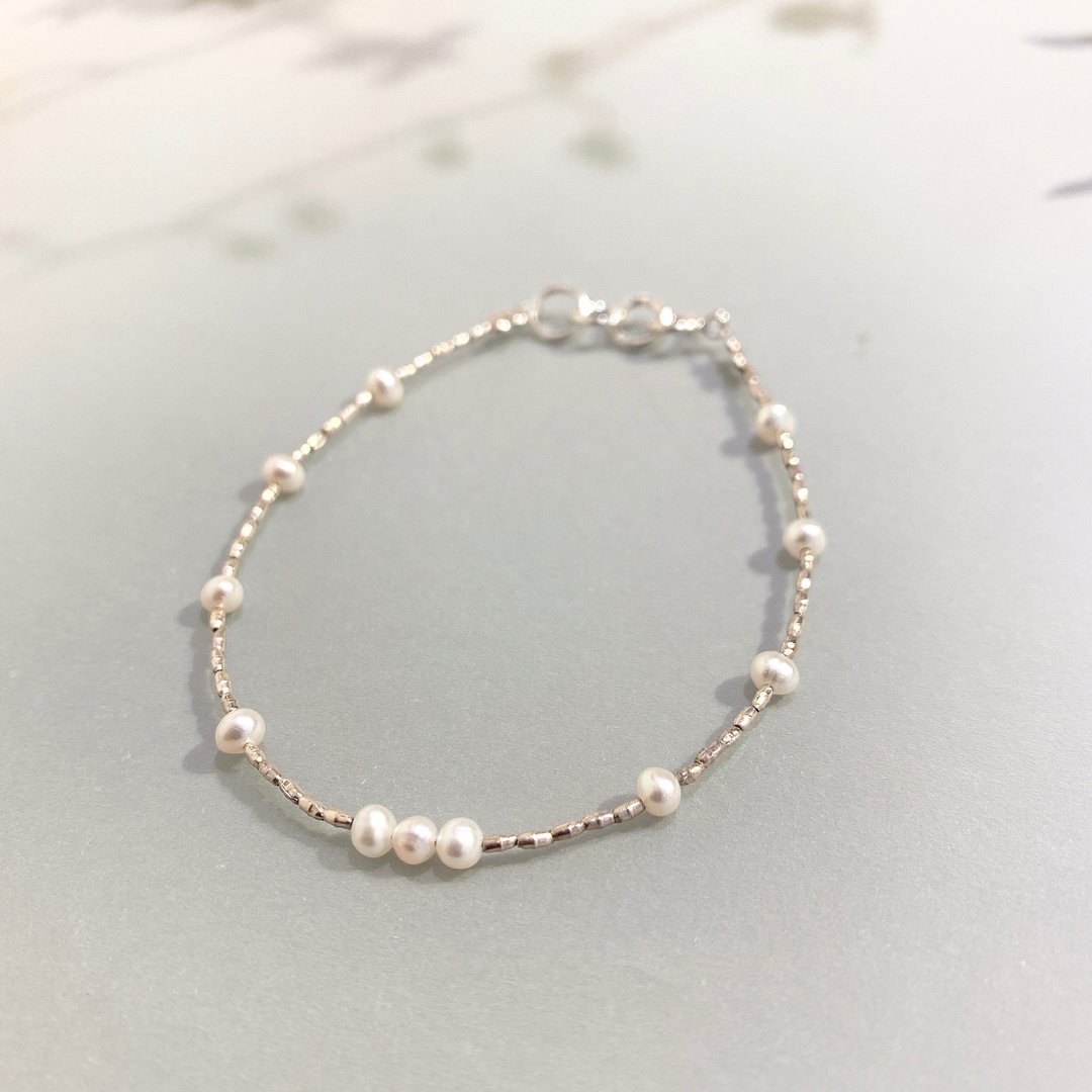 Ops Pearl silver bracelet- 小珍珠/极简/纯银/限定/手链/礼物 - 手链/手环 - 珍珠 白色