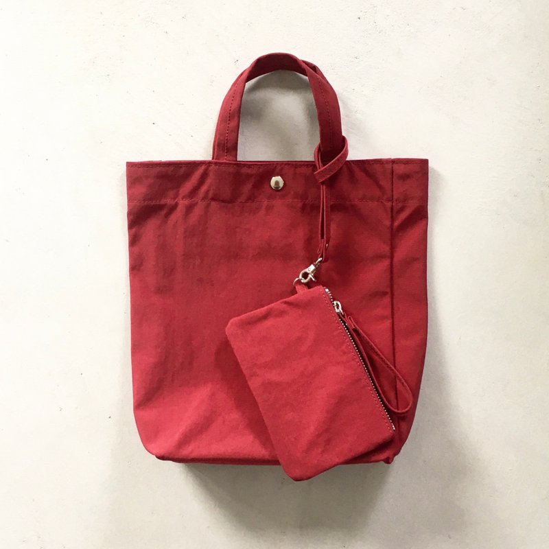 Nylon tote bag with pouch S-size [wine red] - 手提包/手提袋 - 尼龙 红色