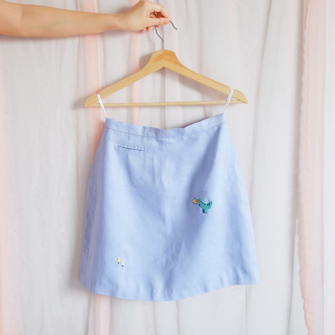 Dino Lilac Linen Skirt - Hand Embroidery - 裙子 - 棉 紫色