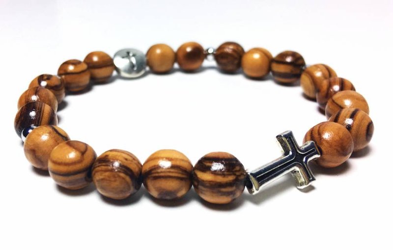 以色列 进口橄榄木系列 手工精致 念珠手环十字架(8mm) 8250811 - 手链/手环 - 木头 咖啡色