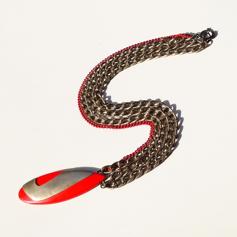 80s Vintage plastic red ×silver parts modern design chain necklace - 项链 - 其他金属 红色