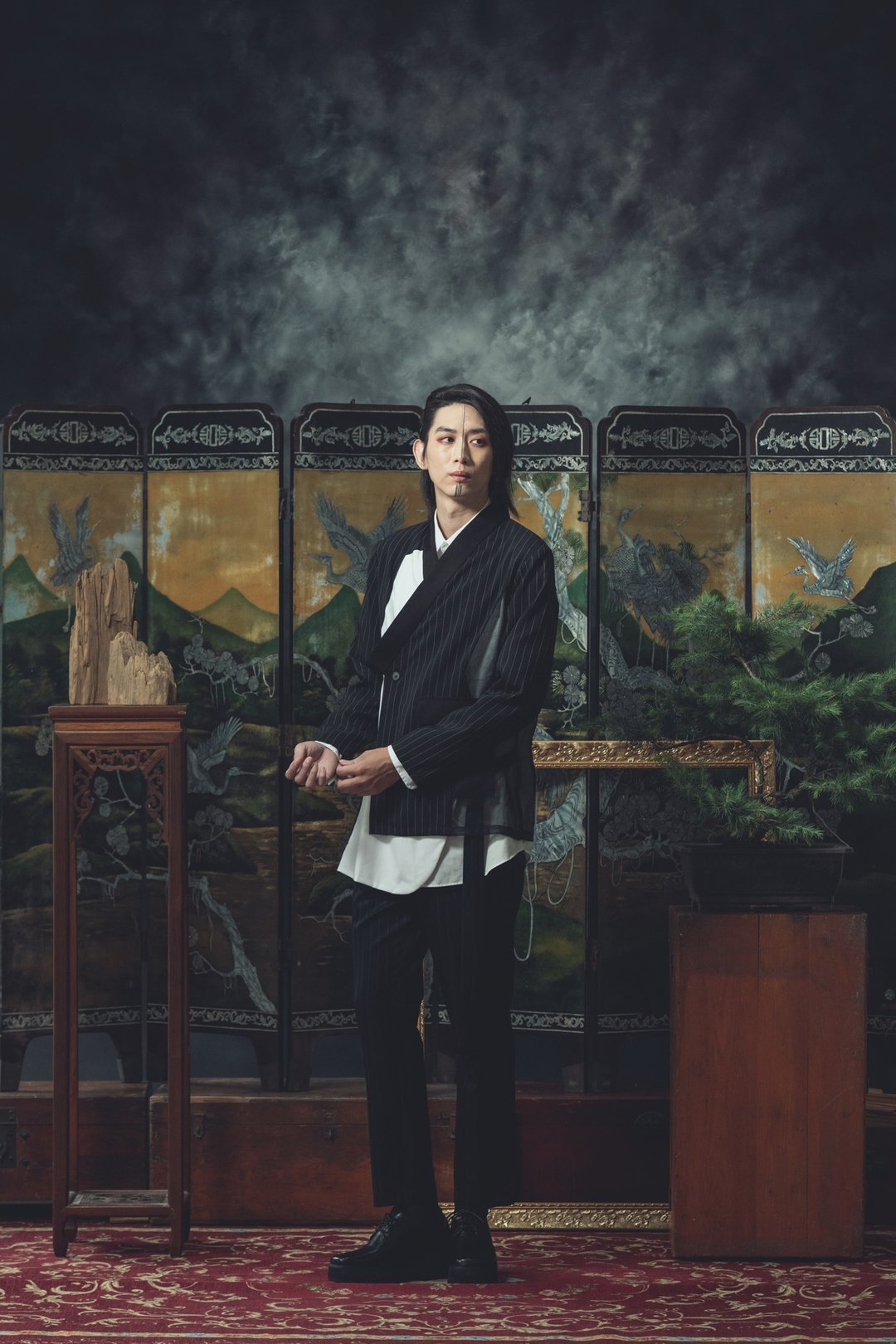 和服领解构罩衫(201T07) - 男装外套 - 聚酯纤维 黑色