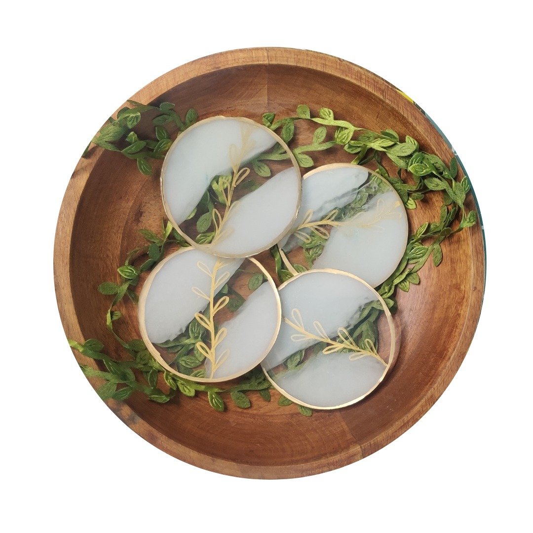 White and Golden leaf round coasters handmade luxe - 餐桌/书桌 - 树脂 