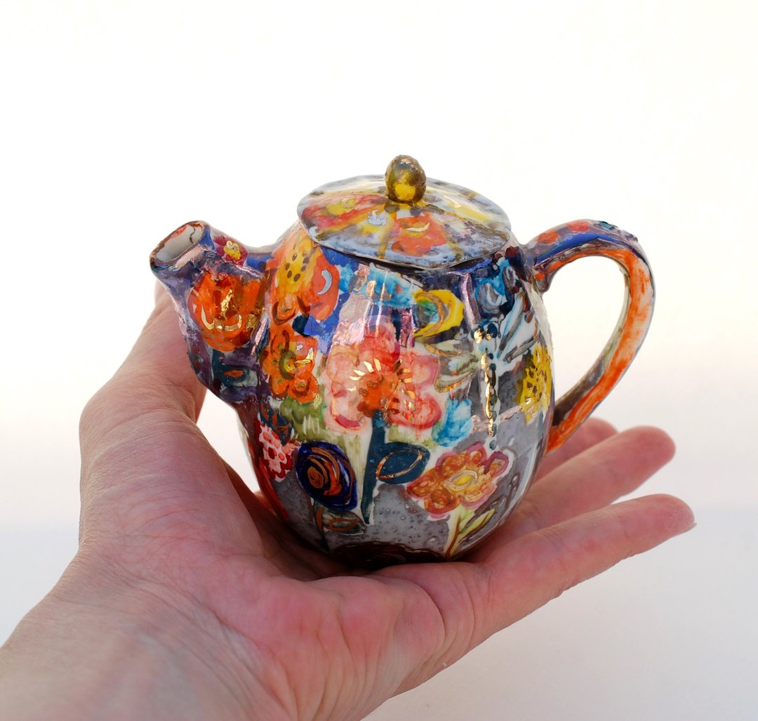 带绘画的小茶壶 明亮的手工瓷器 可爱的带花陶瓷茶壶 - 茶具/茶杯 - 瓷 多色