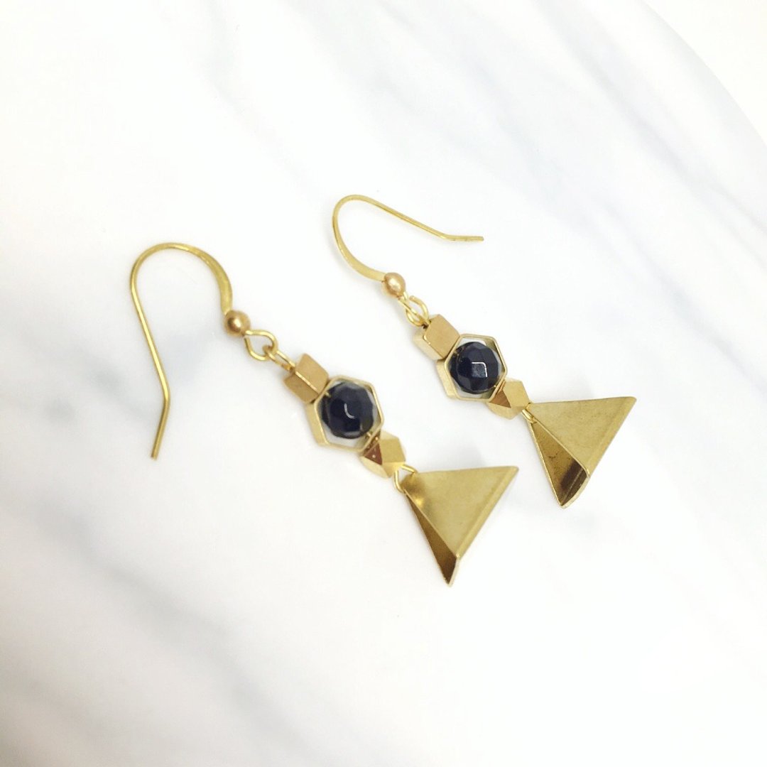 三角空间◆可改夹式 Brass Earrings / 一对 / 天然石 复古 黄铜耳环 / 礼物客制设计 - 耳环/耳夹 - 宝石 金色