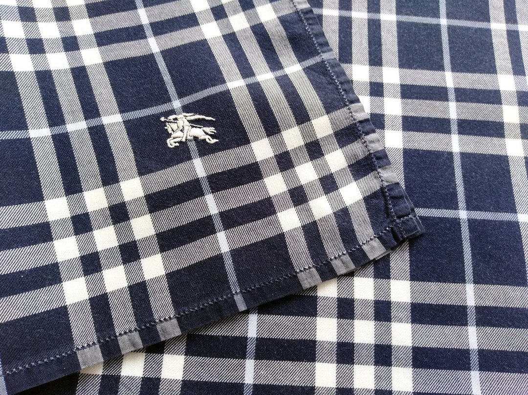 Burberry Vintage Handkerchief Pocket Square Check Blue White 18.5 x 18.5 inches - 手帕/方巾 - 棉 黑色