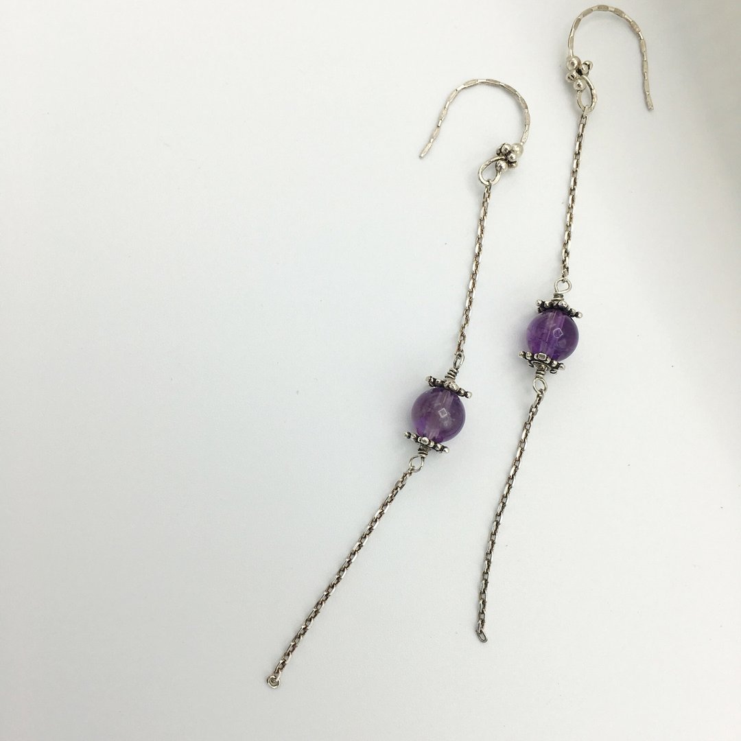 Amethyst Long Dangle Earrings, 925 Silver Chain, February Birthstone, Minimalist - 耳环/耳夹 - 纯银 紫色