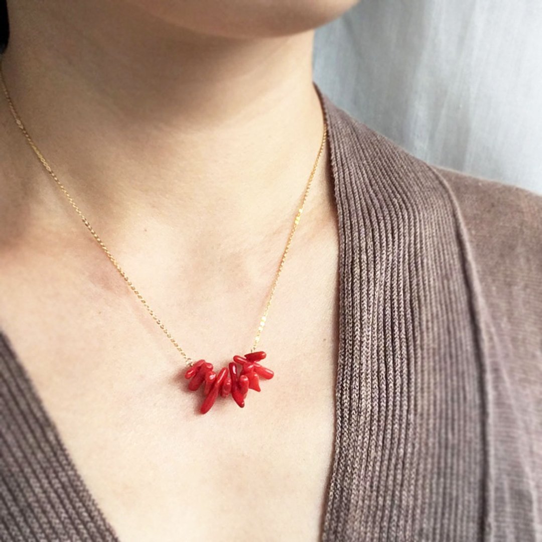 K14gf / Silver Coral Necklace - 项链 - 珍珠 红色