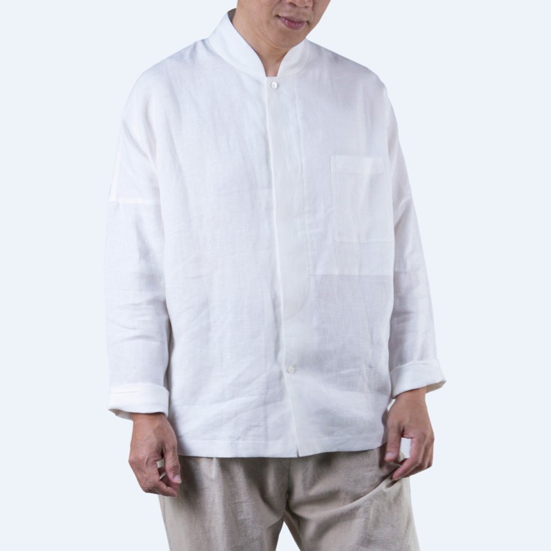 口袋立领衫  亚麻  | 白色 - 男装衬衫 - 棉 白色