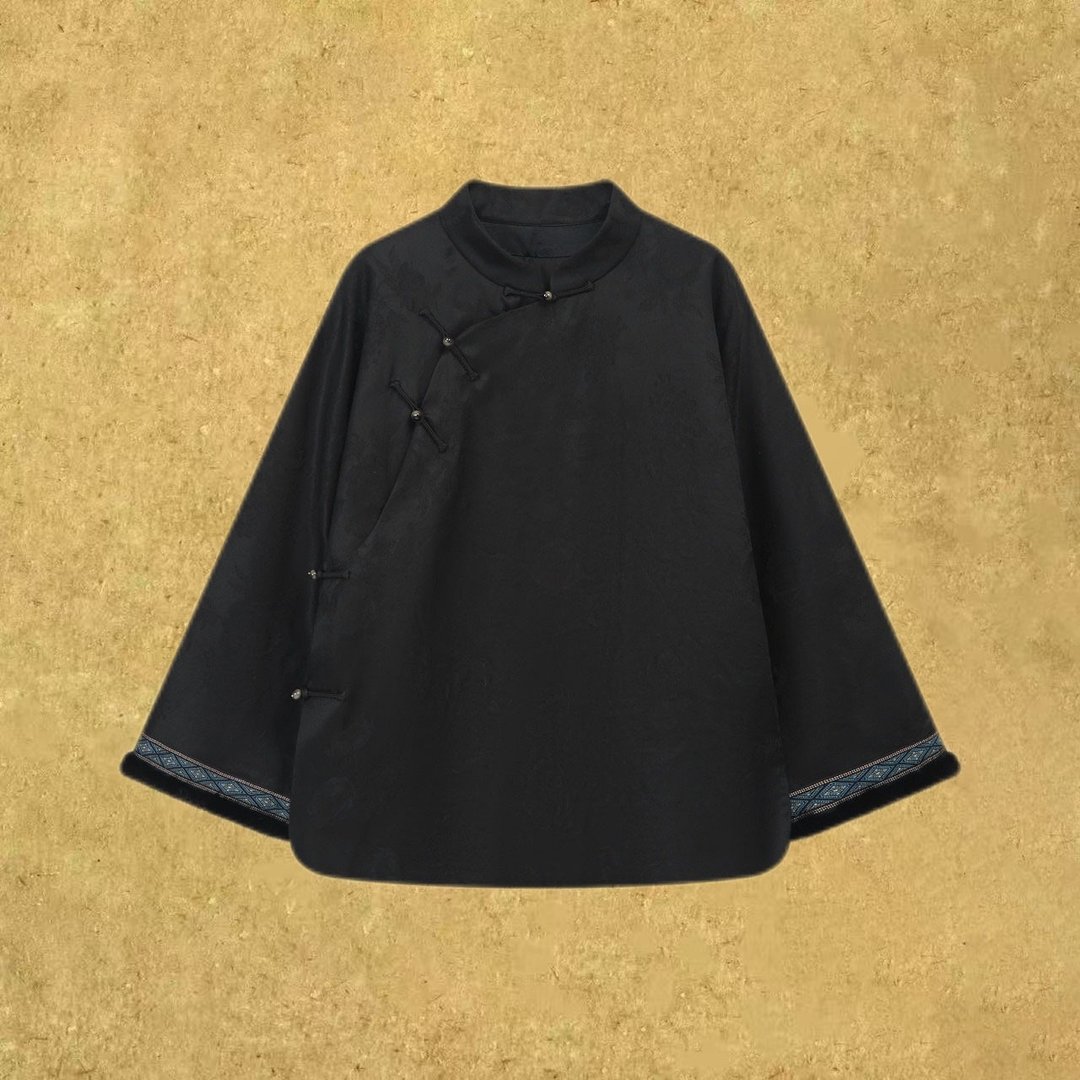 【玄墨】新中式復古/100%桑蚕丝香云纱立领盘扣棉服外套 - 女装上衣 - 丝．绢 黑色