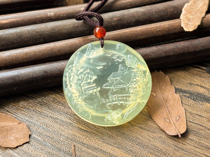 【一物一图】天然 岫玉蜂蜜水山水雕刻 圆牌 吊坠 项链 - 项链 - 玉石 黄色