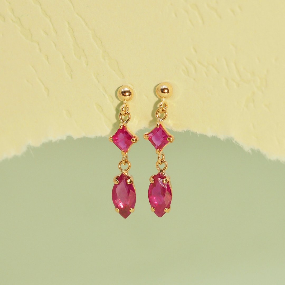 18K金红宝石方形及榄尖形连接耳环18K Gold Ruby Square and Marq - 耳环/耳夹 - 贵金属 