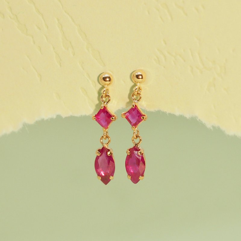 18K金红宝石方形及榄尖形连接耳环18K Gold Ruby Square and Marq - 耳环/耳夹 - 贵金属 