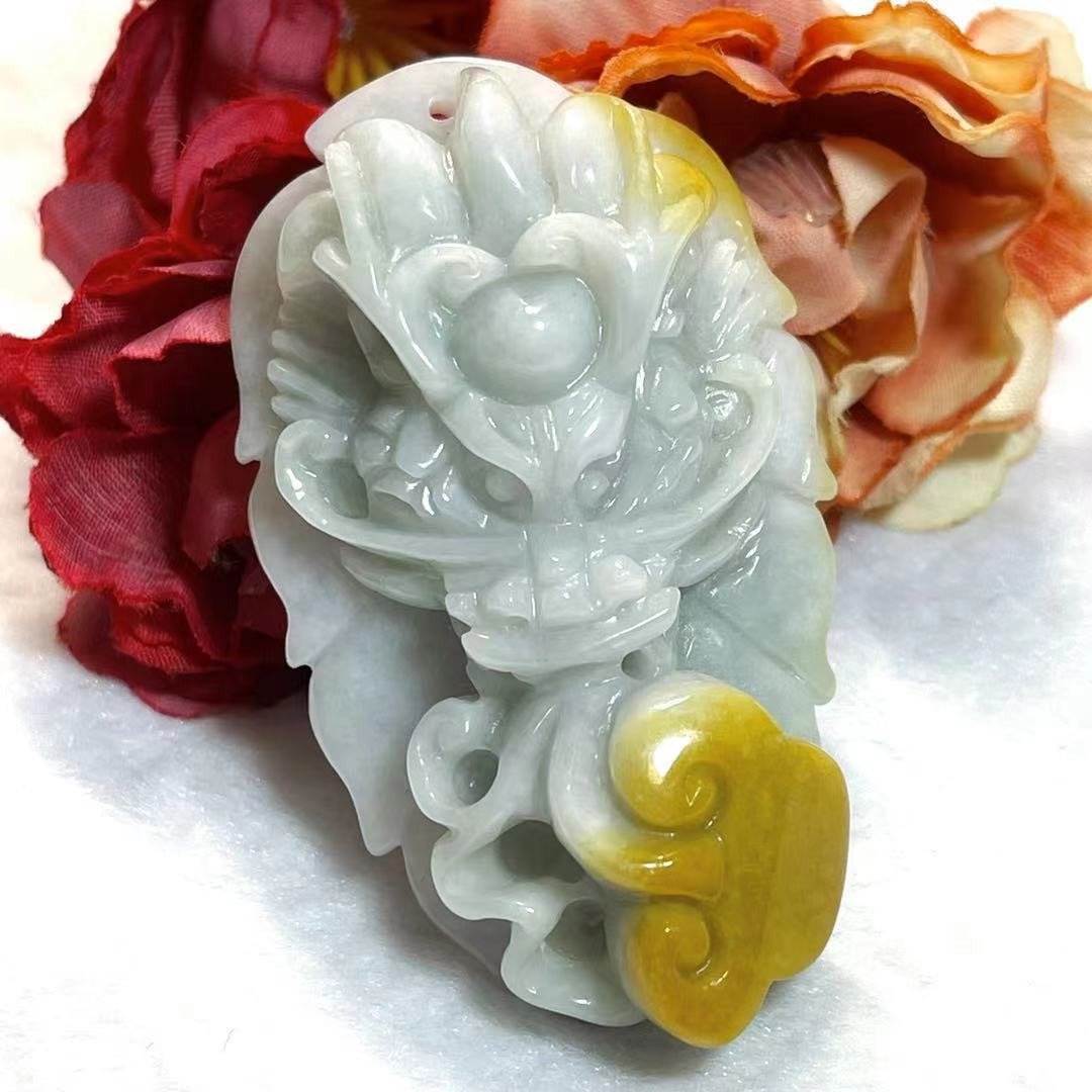 多宝晶石/天然翡翠A货大龙牌/吸水龙牌/如意龙牌/黄翡龙牌/无烧黄 - 项链 - 玉石 黄色
