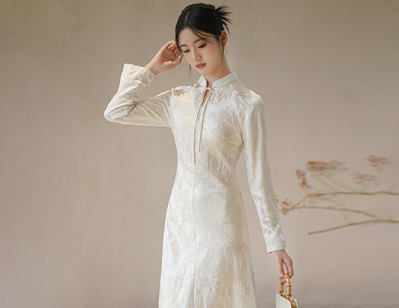 新中式 秋冬中国风竹叶提花茶服素雅气质連衣裙洋裝 - 洋装/连衣裙 - 丝．绢 白色