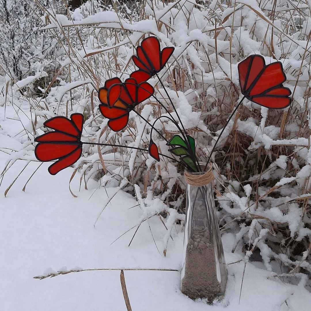 Stained glass poppies, red flowers bouquet, Unique home decor, Mothers day gift - 摆饰 - 琉璃 红色