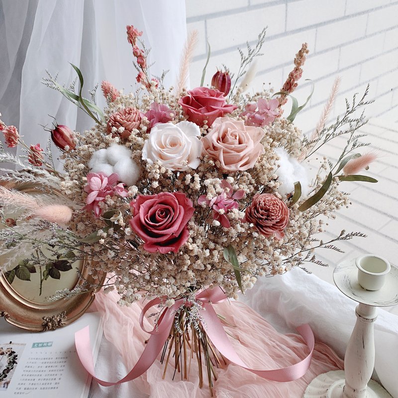 气质干燥玫瑰粉森林系永生捧花 干燥捧花/美式捧花/胸花 - 干燥花/捧花 - 植物．花 粉红色