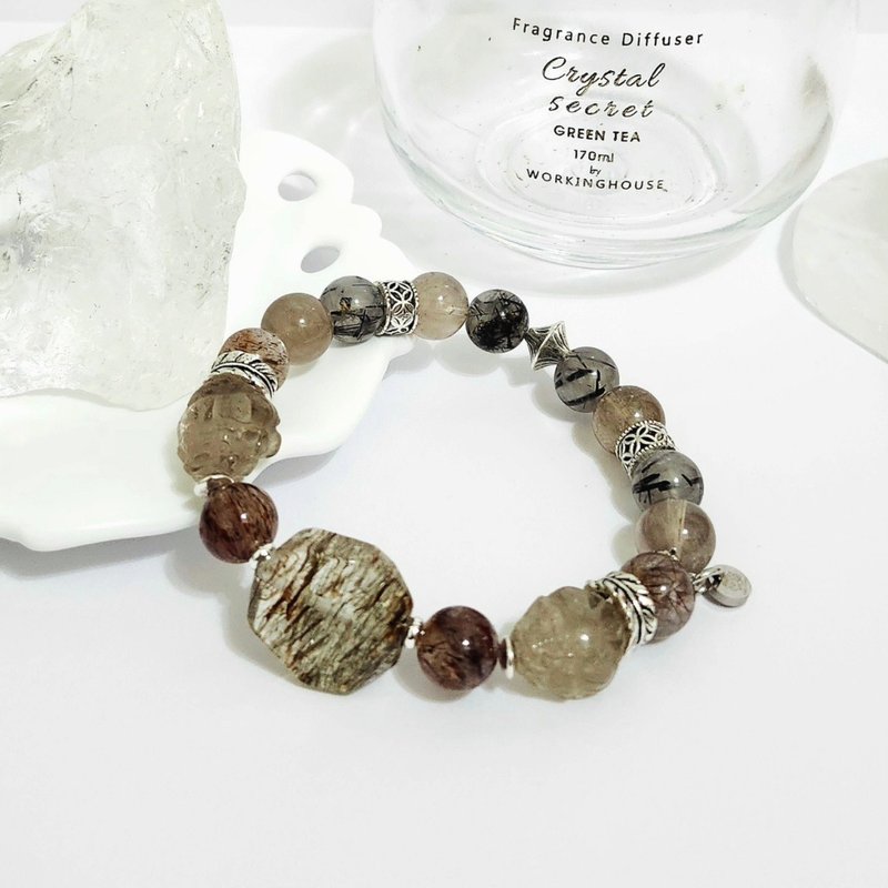 茶晶带金发晶双龙龟设计手链/高度聚财、避邪挡煞防小人之水晶 - 手链/手环 - 水晶 咖啡色