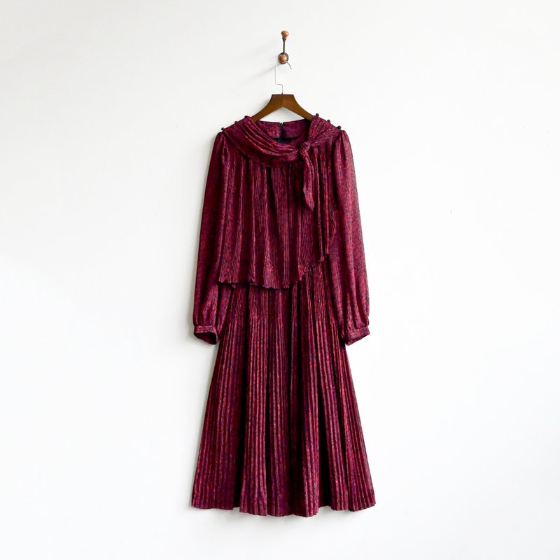 【蛋植物古着】晚霞红彩日本制纱质印花古着洋装 - 洋装/连衣裙 - 其他人造纤维 红色