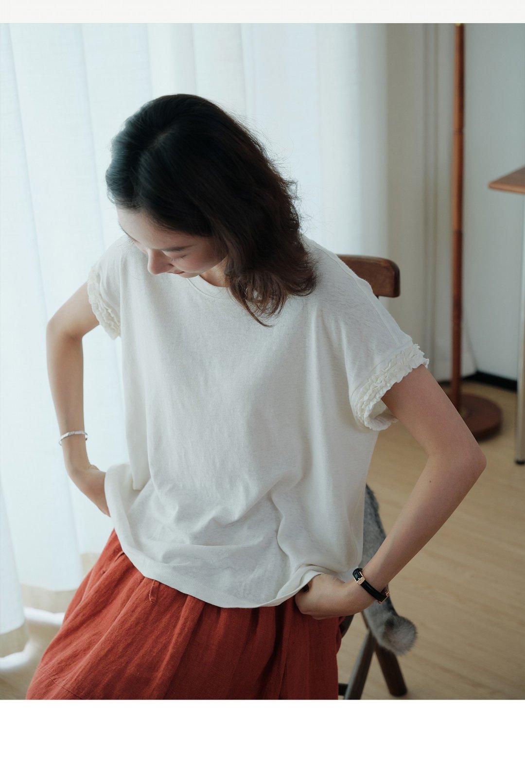 两色亚麻棉短袖T恤上衣 - 女装衬衫 - 棉 多色