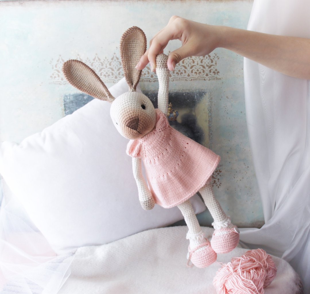 Rabbit doll in dress, Bunny stuffed animal toy for kids, Woodland Nursery - 玩偶/公仔 - 棉 粉红色