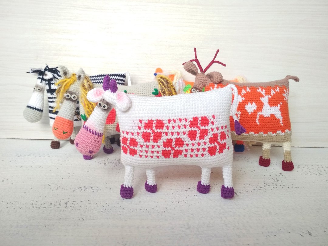 设置amigurumi动物娃娃。 钩编毛绒动物动物园。 毛绒玩具雕像。 - 玩偶/公仔 - 棉 多色