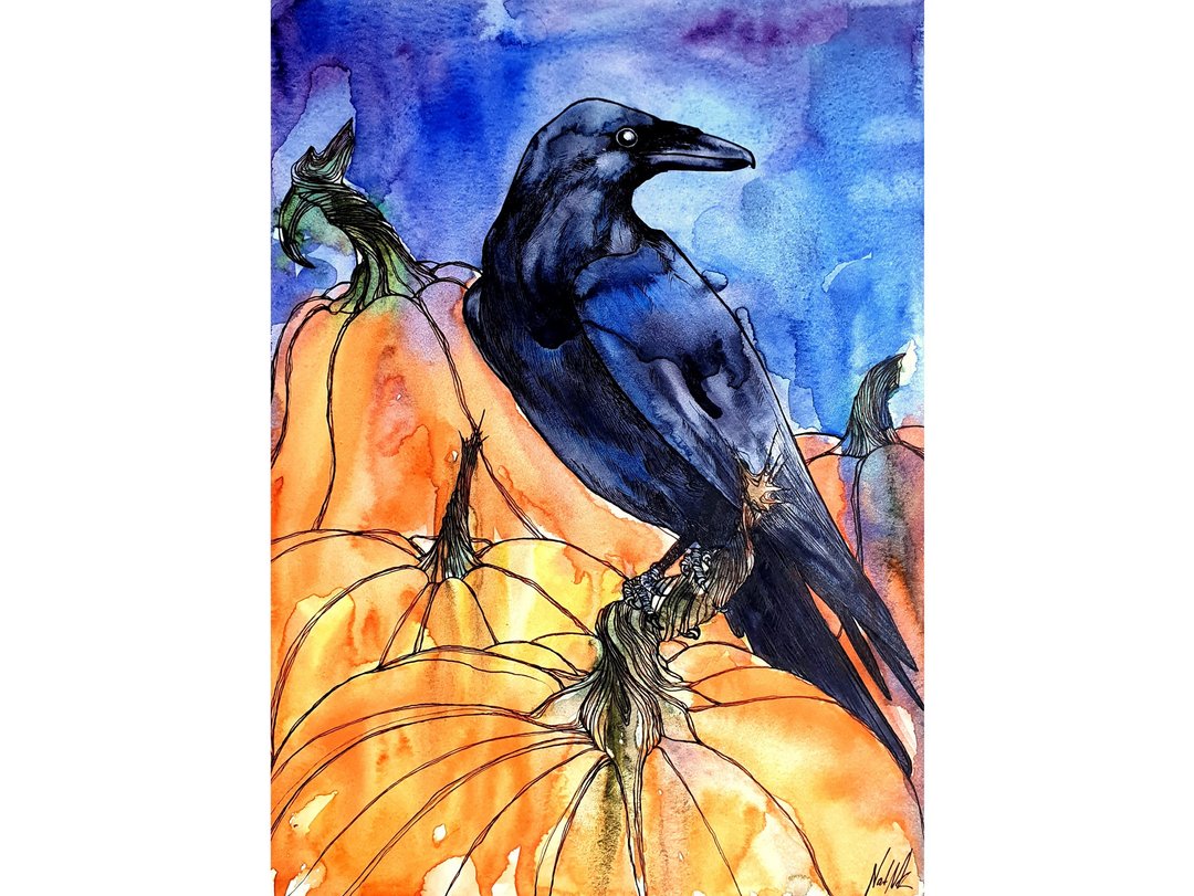 Raven Painting Bird Original Artwork Halloween Pumpkin Watercolor Art - 海报/装饰画/版画 - 纸 橘色