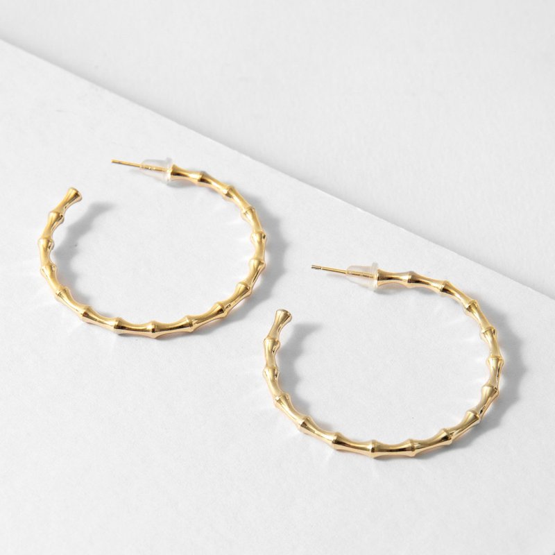 竹节纹 4.5cm 欧美大C圈耳环 精镀14k金 抗敏钢针 圈圈耳环 - 耳环/耳夹 - 铜/黄铜 金色