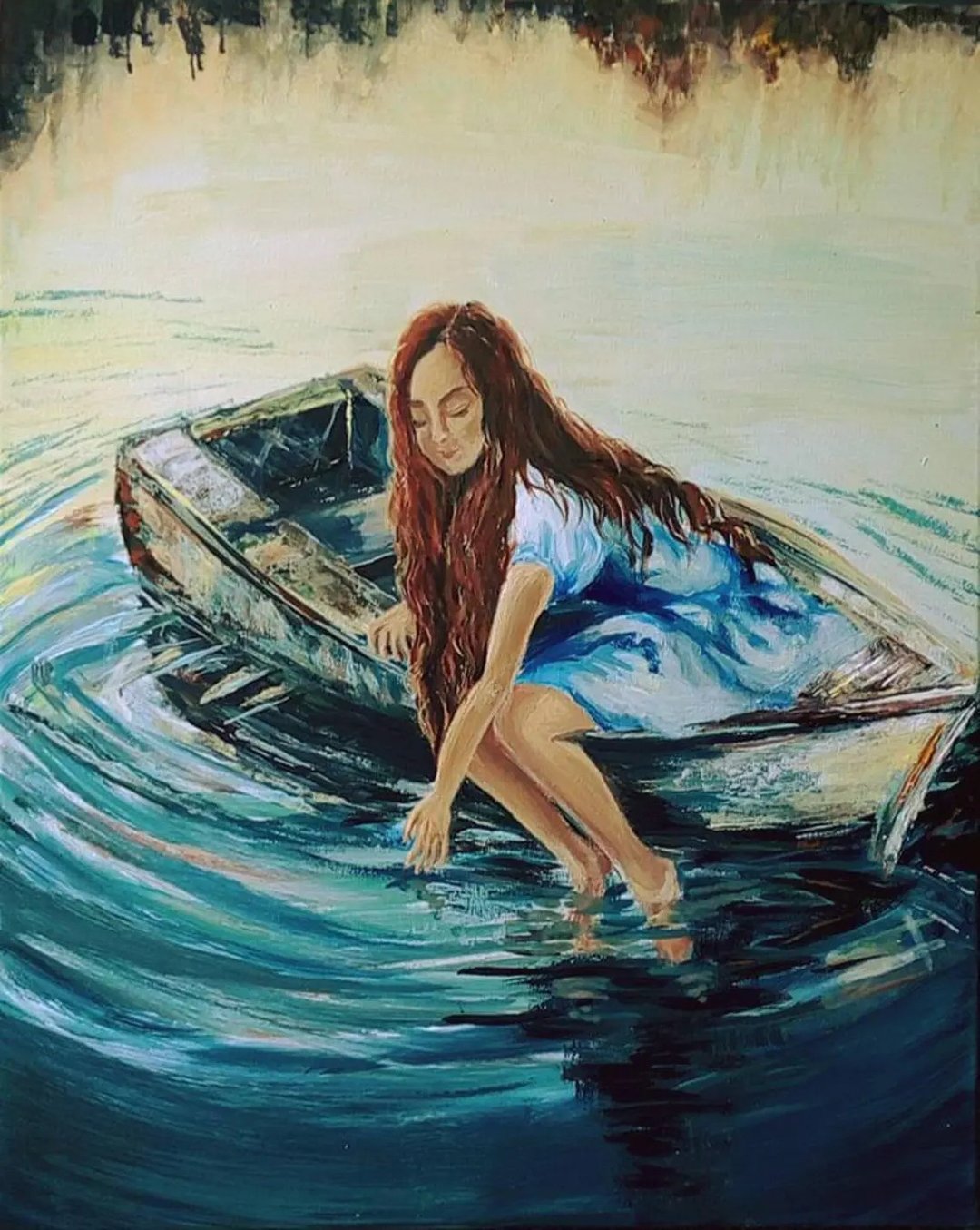 船上的女孩 原画 青少年房间的浪漫装饰 卧室里的艺术冥想 - 墙贴/壁贴 - 其他材质 蓝色