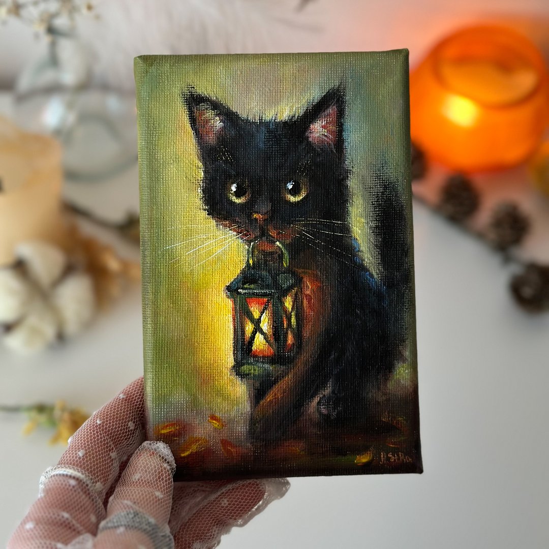 黑色小猫画作、可爱动物、猫咪墙面艺术、黑猫装饰、猫咪海报 - 墙贴/壁贴 - 棉．麻 多色