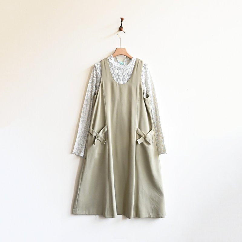 【蛋植物古着】日本制绿翠春芽纯色古着吊带裙 - 洋装/连衣裙 - 其他人造纤维 绿色