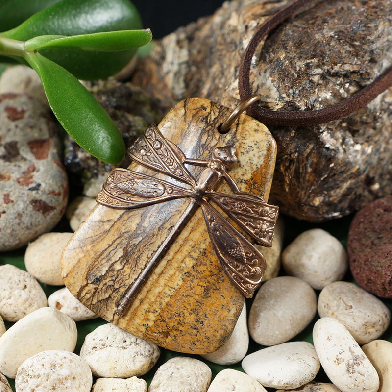 Beige Brown African Sand Jasper Brass Dragonfly Pendant Necklace Jewelry Gift - 项链 - 半宝石 咖啡色