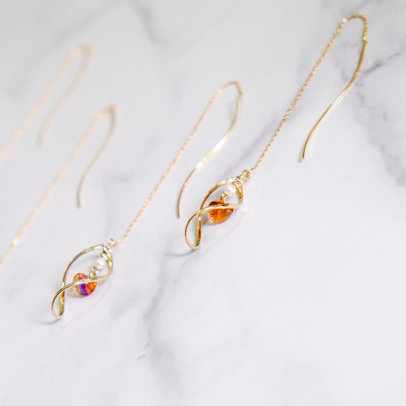 Liya | 烟霞琉璃泪珠变形环旋转垂坠波浪耳线耳环 | 玻璃 - 耳环/耳夹 - 其他金属 金色