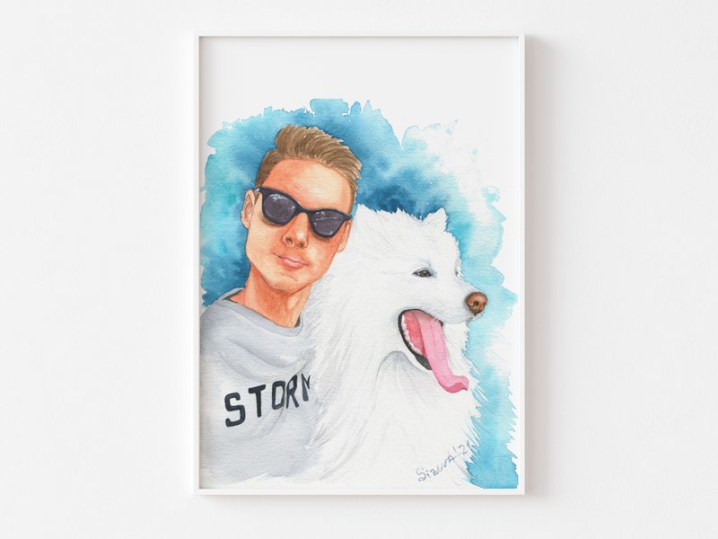 Customized watercolor portrait of pet and owner, custom illustration, 生日礼物, 宠物画像 - 订制画像 - 纸 蓝色