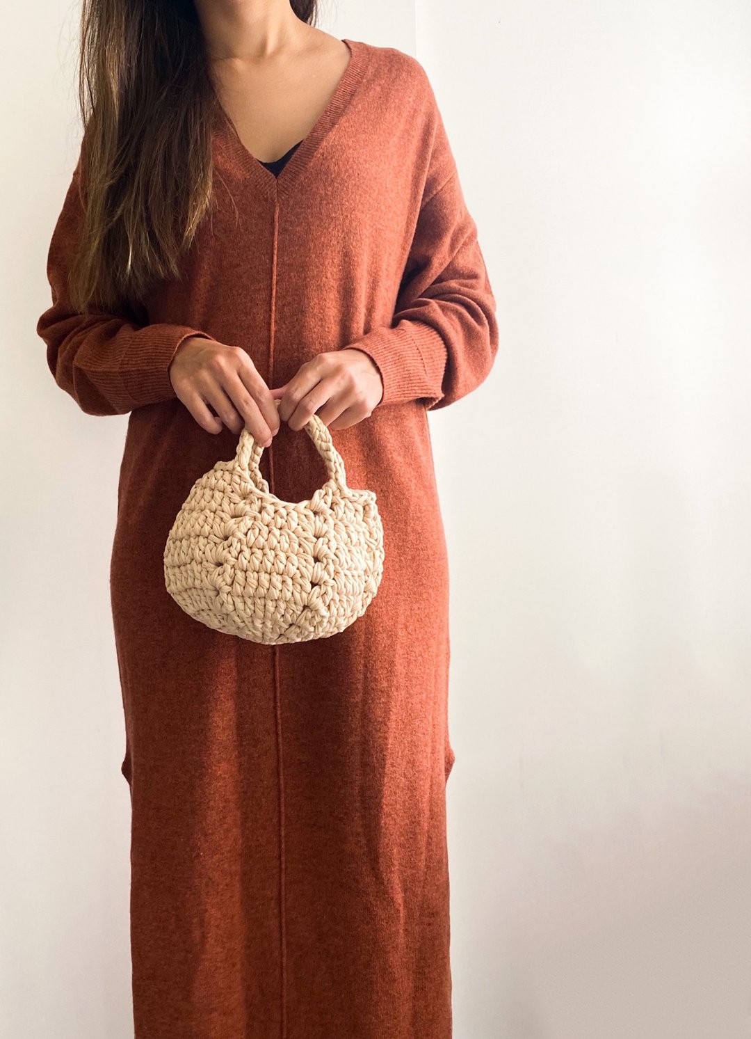 编织迷你包, 编织手提包,  crochet mini bag, beige crochet bag - 手提包/手提袋 - 棉 卡其色