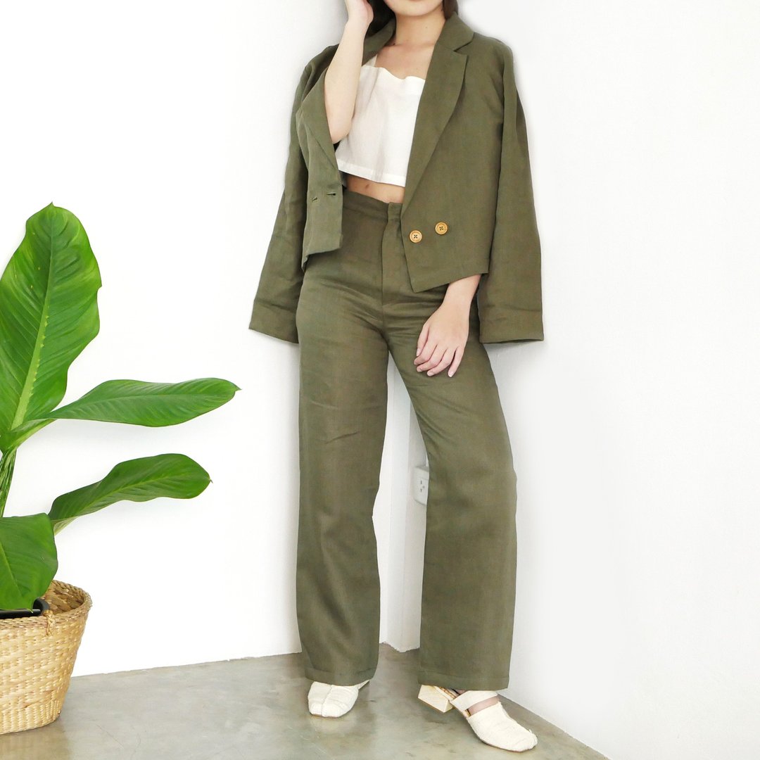 Linen trousers, office wear, Linen, polite color - 女装西装外套/风衣 - 亚麻 绿色