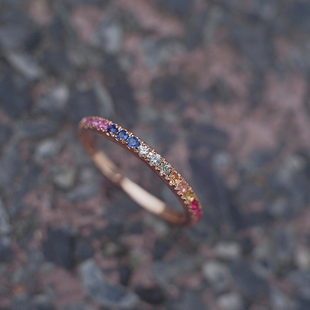 Half round rainbow gem ring #minimrainbow #minimring R034 - 戒指 - 纯银 